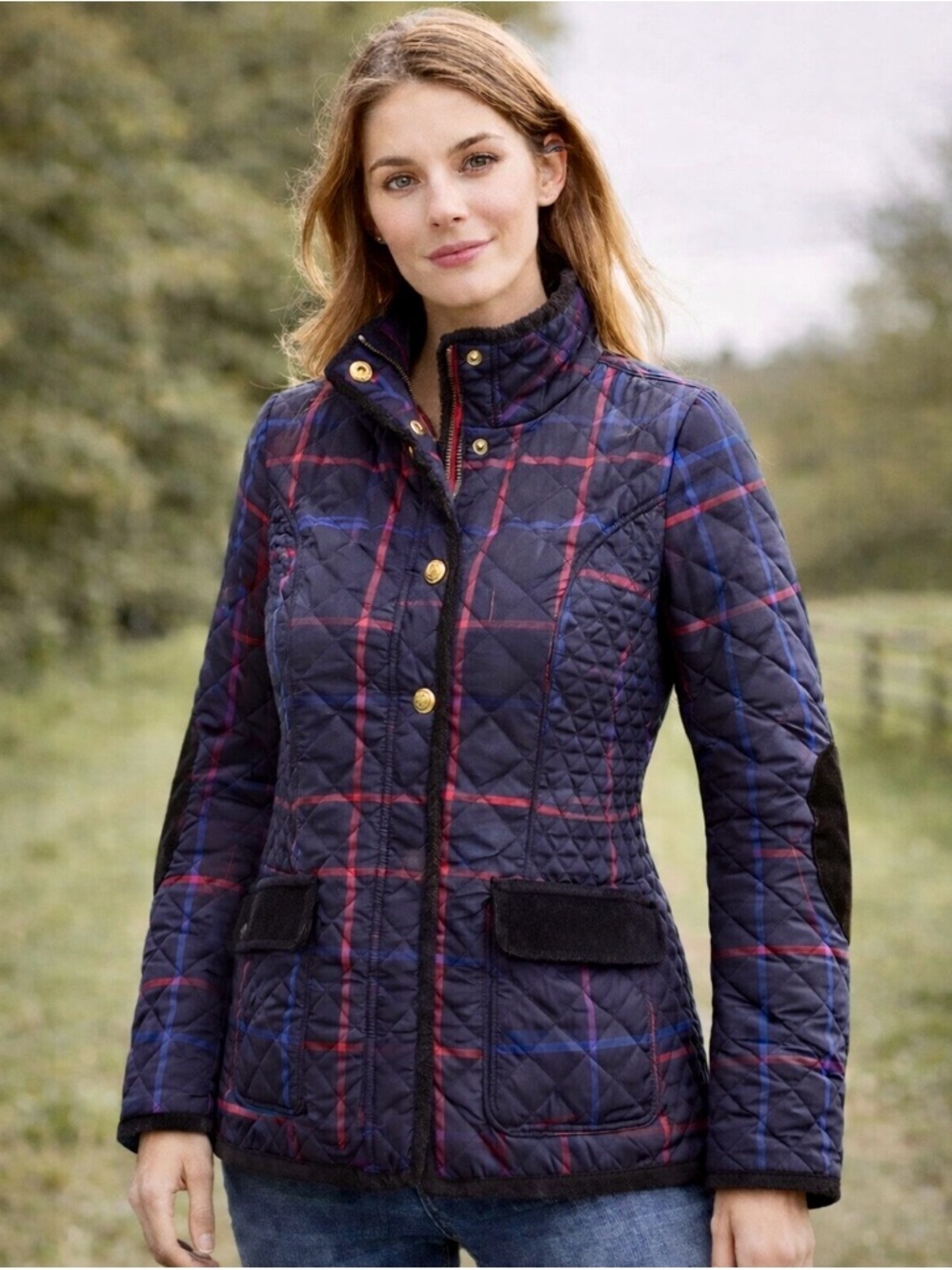 Joules‎ Quilted Jacket US 8 Navy Check Corduroy Trim Equestrian Barn Coat